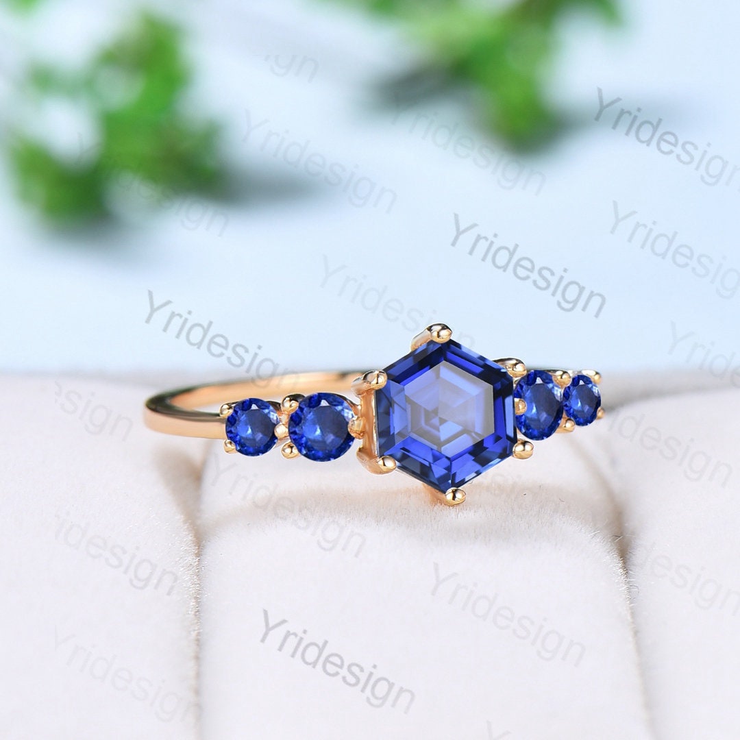 Vintage blue sapphire gold ring Unique hexagon cut healing sapphire engagement ring five stone minimalist personalized wedding ring women - PENFINE