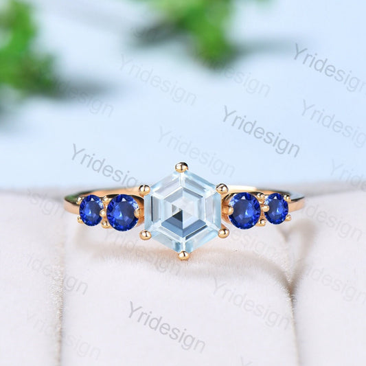 1CT Hexagon Aquamarine engagement ring Five Stone sapphire engagement ring rose gold Solid Art deco blue gemstone promise ring for her - PENFINE