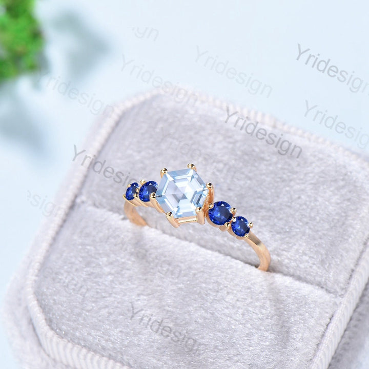 1CT Hexagon Aquamarine engagement ring Five Stone sapphire engagement ring rose gold Solid Art deco blue gemstone promise ring for her - PENFINE