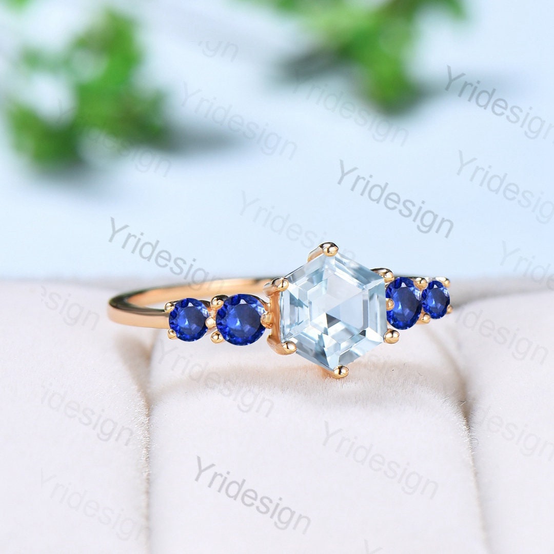 1CT Hexagon Aquamarine engagement ring Five Stone sapphire engagement ring rose gold Solid Art deco blue gemstone promise ring for her - PENFINE
