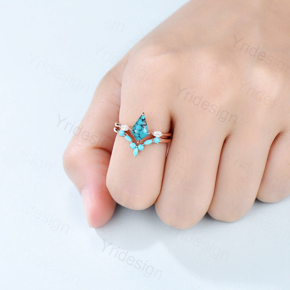 Kite Cut Turquoise engagement ring set 14k rose gold vintage unique Three stone marquise moissanite wedding ring set for women  Bridal Set - PENFINE