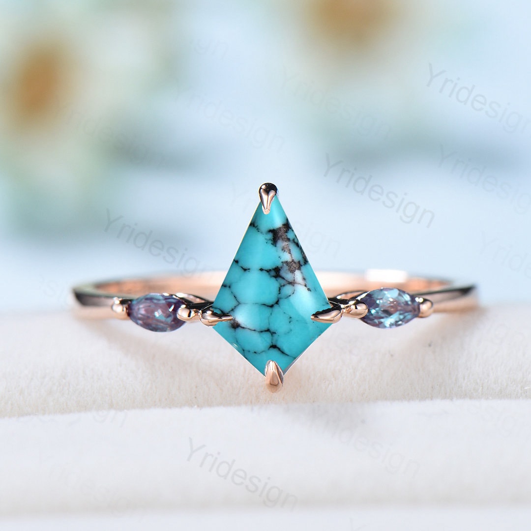 Vintage Turquoise Engagement Ring Kite Cut Three Stone Marquise Cut Alexandrite Wedding Ring For Women Minimalist Promise Ring For Her - PENFINE