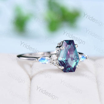 Vintage Coffin shaped Alexandrite engagement ring white gold cluster moonstone ring silver June birthstone anniversary bridal ring women - PENFINE