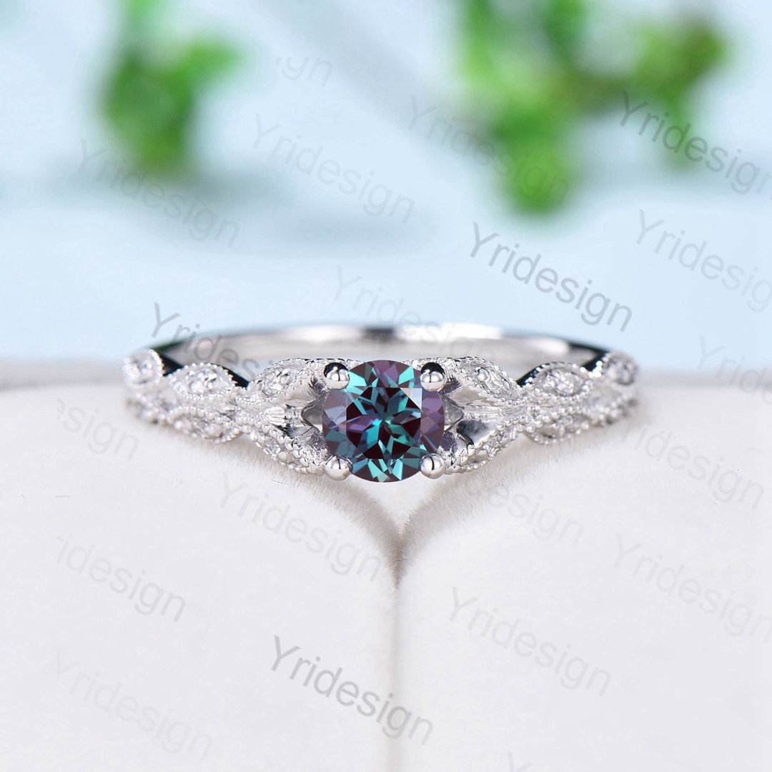 Dainty alexandrite engagement ring vintage split shank color changing alexandrite ring white gold art deco moissanite promise ring for women - PENFINE