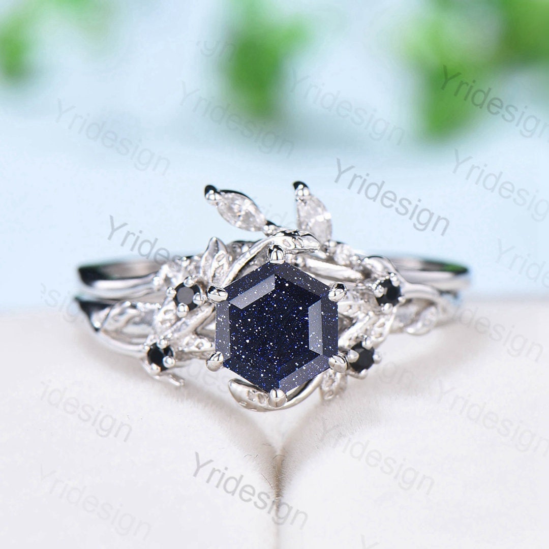 2Pcs Vintage blue sandstone wedding ring set Elegant Inspired leaf galaxy engagement ring for women Crystal promise ring Unique bridal set - PENFINE