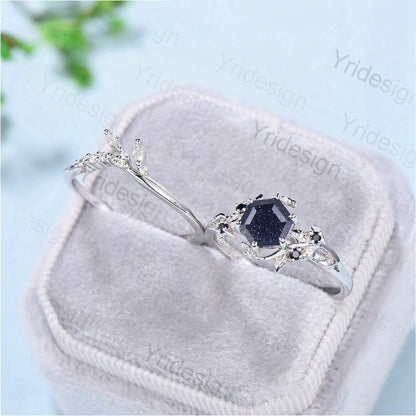 2Pcs Vintage blue sandstone wedding ring set Elegant Inspired leaf galaxy engagement ring for women Crystal promise ring Unique bridal set - PENFINE