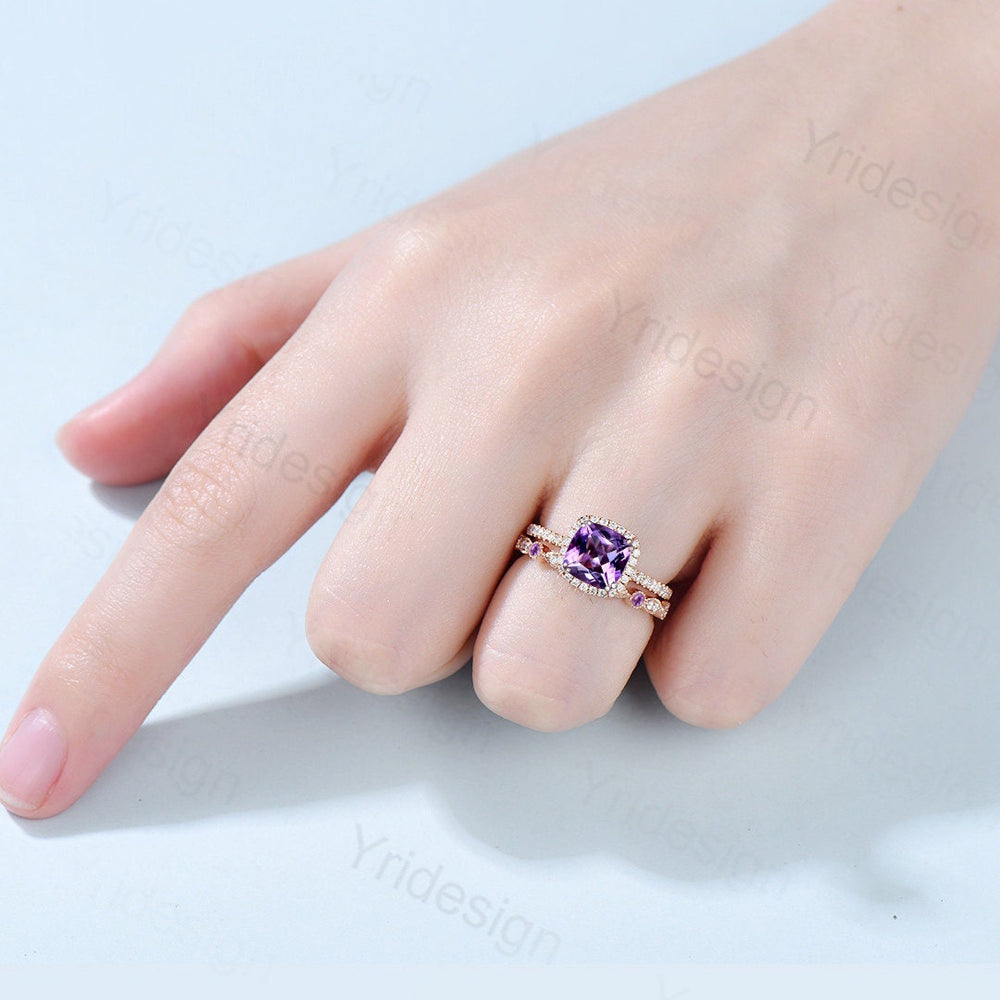 Cushion cut amethyst wedding ring set 14k rose gold vintage antique amethyst engagement ring set for women Art deco halo diamond bridal set - PENFINE