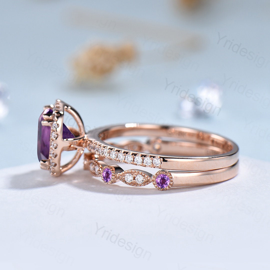 Cushion cut amethyst wedding ring set 14k rose gold vintage antique amethyst engagement ring set for women Art deco halo diamond bridal set - PENFINE