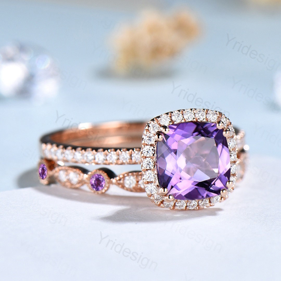 Cushion cut amethyst wedding ring set 14k rose gold vintage antique amethyst engagement ring set for women Art deco halo diamond bridal set - PENFINE