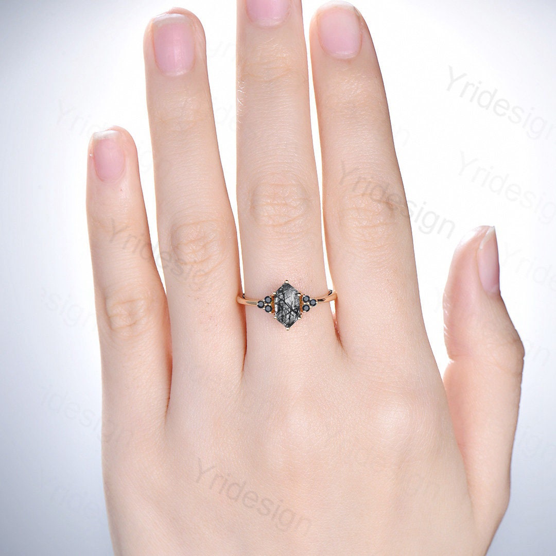 Natural Black Rutilated Quartz Ring Vintage Black Gemstone Ring Hexagon Black Rutile Quartz Engagement Ring Unique Women Wedding Bridal Ring - PENFINE