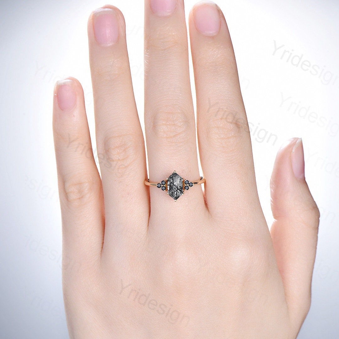 Natural Black Spinel Ring Spinel Wedding Ring Checker Cut Gemstone