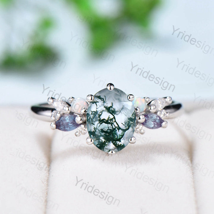 Unique Moss Agate Engagement Ring Women Alternative Alexandrite Opal Wedding Ring Vintage Nature Inspired Cluster Moissanite Promise Ring - PENFINE