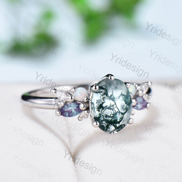 Unique Moss Agate Engagement Ring Women Alternative Alexandrite Opal Wedding Ring Vintage Nature Inspired Cluster Moissanite Promise Ring - PENFINE