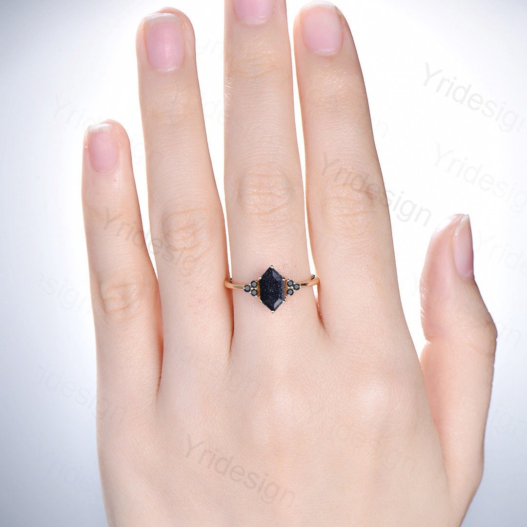 Unique Elongated Hexagon cut blue sandstone engagement ring Vintage Galaxy Sandstone black spinel wedding Ring silver Women Anniversary Gift - PENFINE