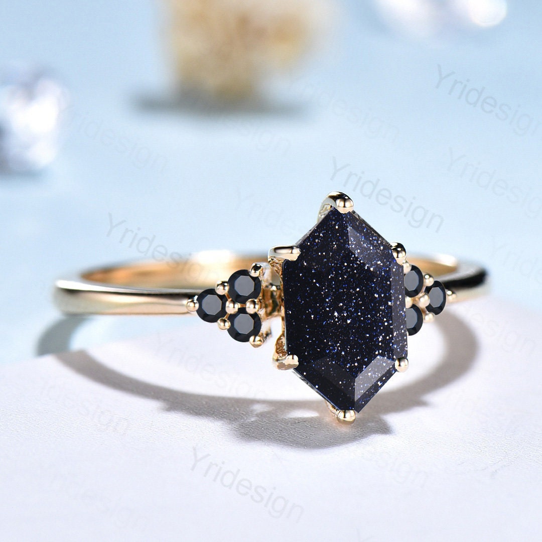 Unique Elongated Hexagon cut blue sandstone engagement ring Vintage Galaxy Sandstone black spinel wedding Ring silver Women Anniversary Gift - PENFINE