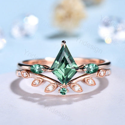 Unique Green Sapphire Engagement Ring Set Kite Cut Rose Gold Vintage Green Gemstone Wedding Ring Set Women Teal Sapphire Anniversary Gift - PENFINE
