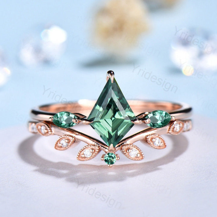 Unique Green Sapphire Engagement Ring Set Kite Cut Rose Gold Vintage Green Gemstone Wedding Ring Set Women Teal Sapphire Anniversary Gift - PENFINE