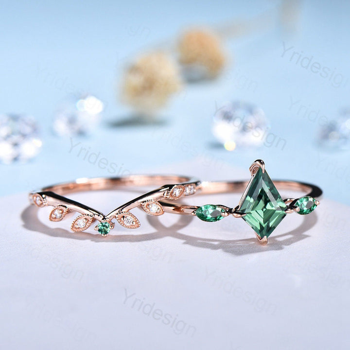 Unique Green Sapphire Engagement Ring Set Kite Cut Rose Gold Vintage Green Gemstone Wedding Ring Set Women Teal Sapphire Anniversary Gift - PENFINE