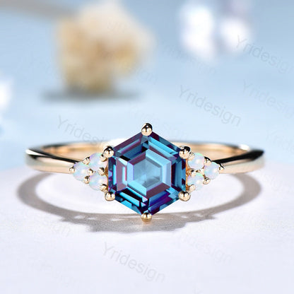 Vintage Alexandrite ring Unique hexagon cut alexandrite engagement ring seven stone minimalist opal personalized wedding ring for women - PENFINE