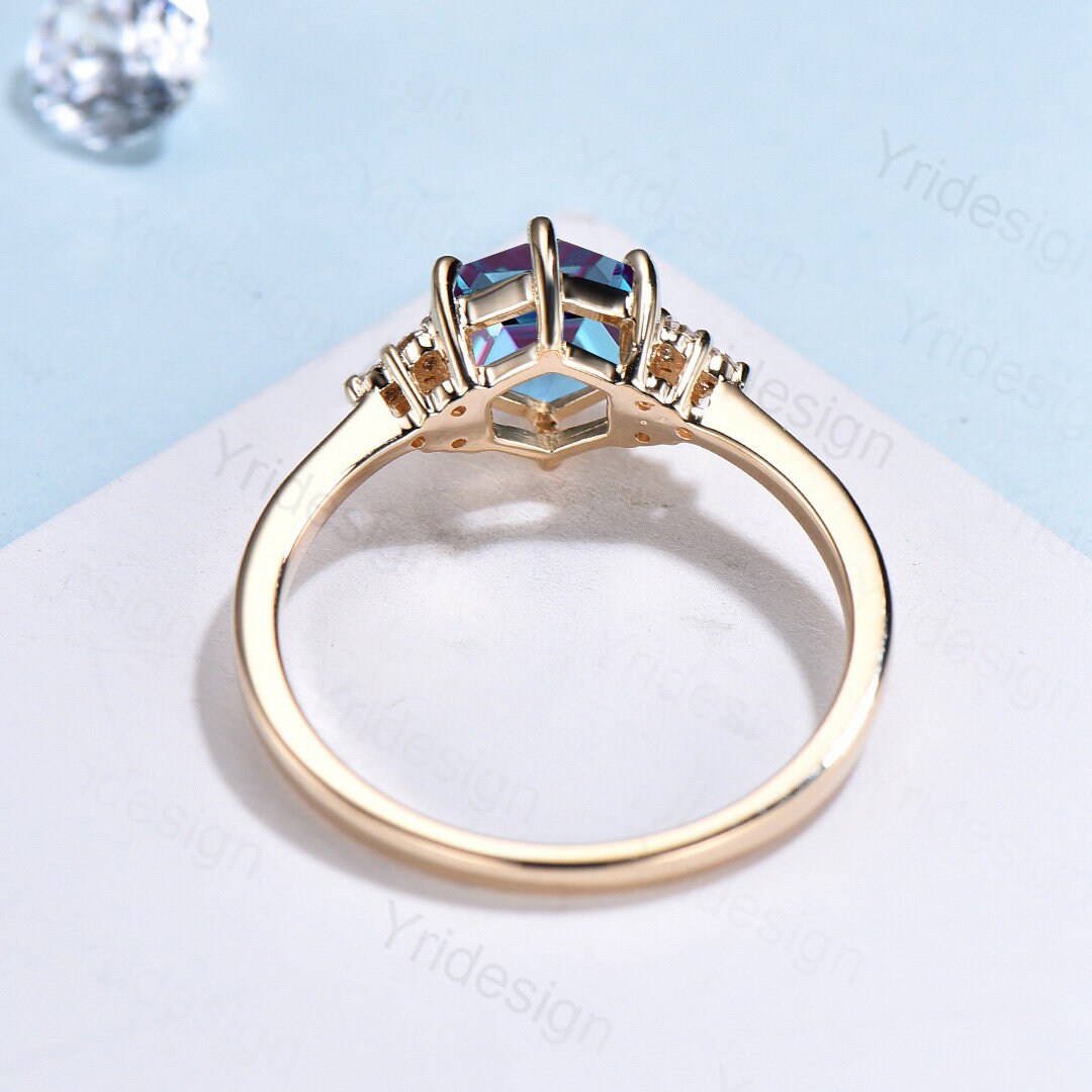 Vintage Alexandrite ring Unique hexagon cut alexandrite engagement ring seven stone minimalist opal personalized wedding ring for women - PENFINE