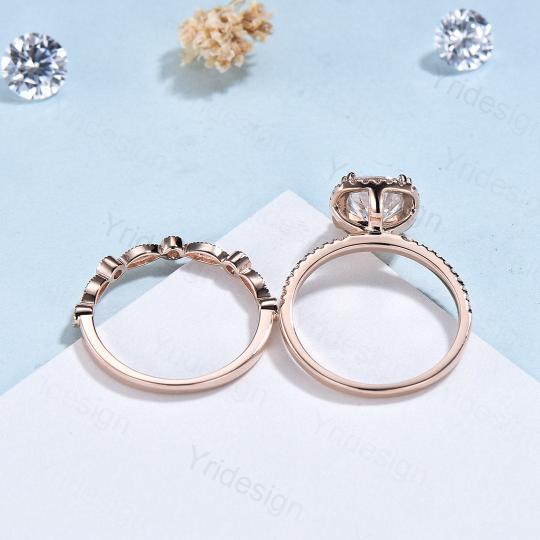 Cushion cut garnet wedding ring set 14k rose gold vintage antique garnet engagement ring set for women Art deco halo diamond bridal set - PENFINE