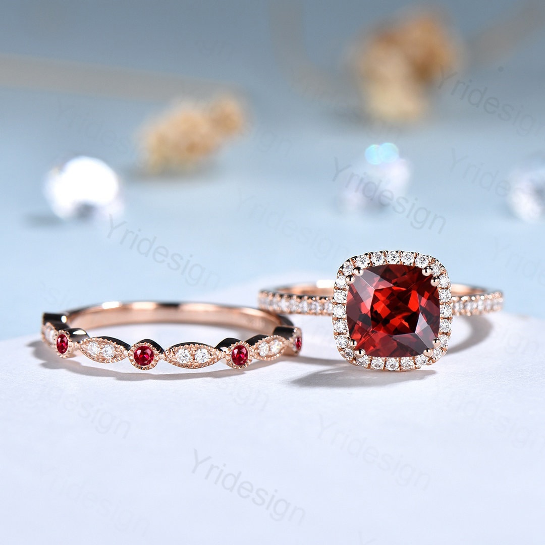 Cushion cut garnet wedding ring set 14k rose gold vintage antique garnet  engagement ring set for women Art deco halo diamond bridal set