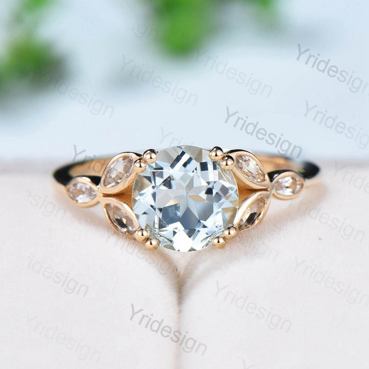 Natural aquamarine engagement ring solid 14k 18k rose gold ring white topaz ring vintage antique March birthstone Unique flower design ring - PENFINE