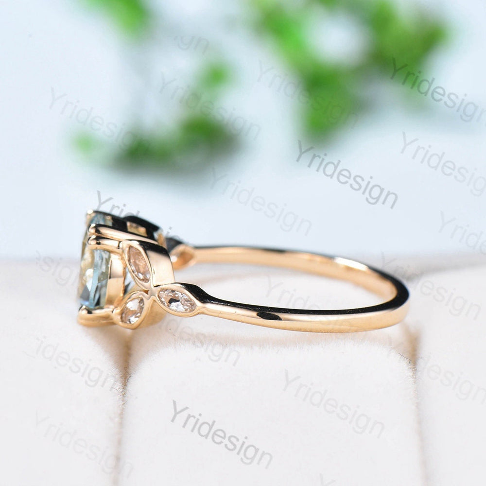 Natural aquamarine engagement ring solid 14k 18k rose gold ring white topaz ring vintage antique March birthstone Unique flower design ring - PENFINE