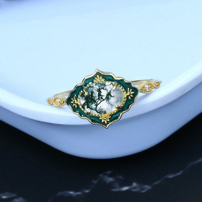 Vintage Moss Agate Engagement Ring Unique Enamel Green Stone Wedding Ring Women 14K Yellow Gold Art Deco Antique Anniversary Gift For Her - PENFINE