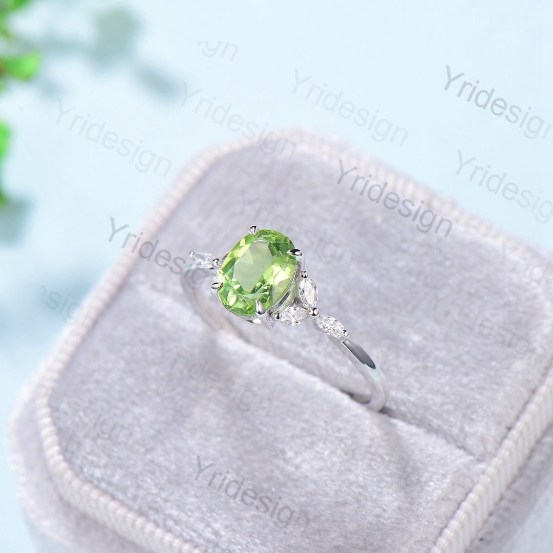 Natural Peridot Engagement Ring / Oval Green Peridot Ring For Women / Vintage Rose Gold Cluster Ring August Birthstone bridal promise ring - PENFINE