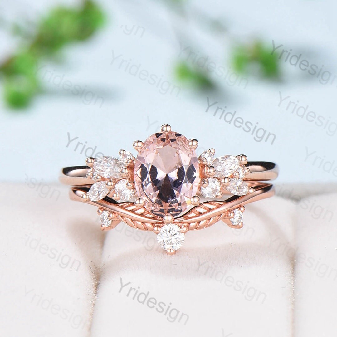 Oval Morganite Wedding Ring Set Rose Gold Morganite Diamond Engagement Ring Set Vintage Leaf Stacking Ring Natural Inspired Promise Ring - PENFINE