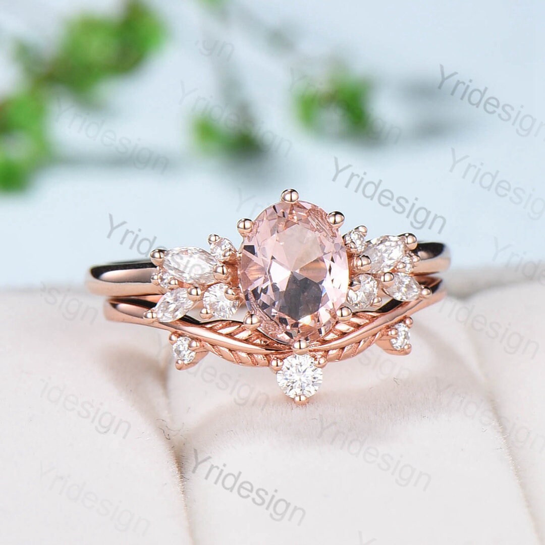 Oval Morganite Wedding Ring Set Rose Gold Morganite Diamond Engagement Ring Set Vintage Leaf Stacking Ring Natural Inspired Promise Ring - PENFINE