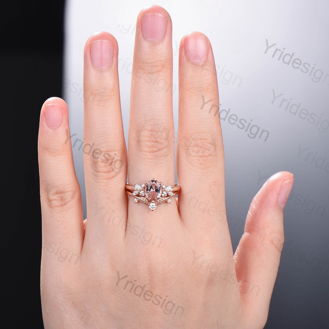 Oval Morganite Wedding Ring Set Rose Gold Morganite Diamond Engagement Ring Set Vintage Leaf Stacking Ring Natural Inspired Promise Ring - PENFINE