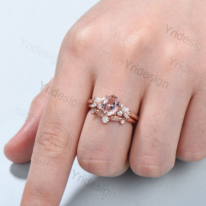 Oval Morganite Wedding Ring Set Rose Gold Morganite Diamond Engagement Ring Set Vintage Leaf Stacking Ring Natural Inspired Promise Ring - PENFINE