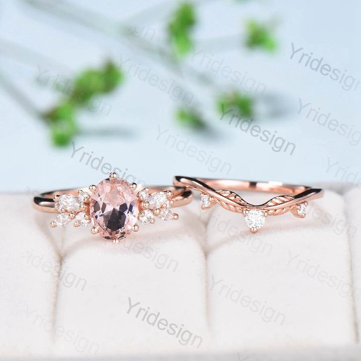 Oval Morganite Wedding Ring Set Rose Gold Morganite Diamond Engagement Ring Set Vintage Leaf Stacking Ring Natural Inspired Promise Ring - PENFINE