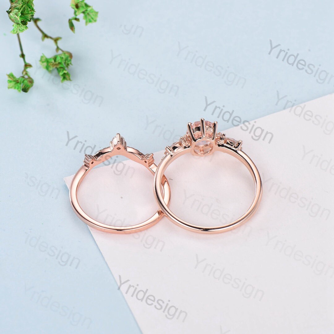 Oval Morganite Wedding Ring Set Rose Gold Morganite Diamond Engagement Ring Set Vintage Leaf Stacking Ring Natural Inspired Promise Ring - PENFINE