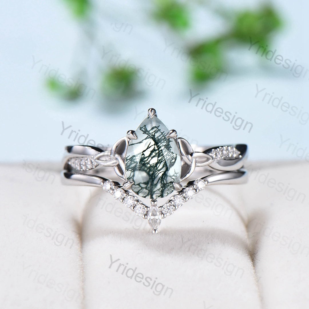 Norse Viking 6x9mm pear shaped moss agate engagement ring set 3/4 eternity twisted infinity moissanite & diamond band wedding set for women - PENFINE