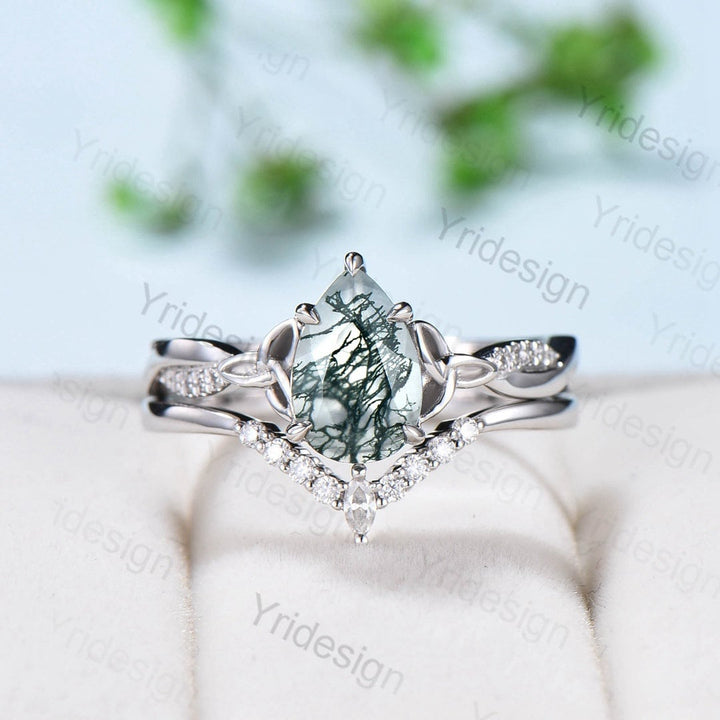 Norse Viking 6x9mm pear shaped moss agate engagement ring set 3/4 eternity twisted infinity moissanite & diamond band wedding set for women - PENFINE
