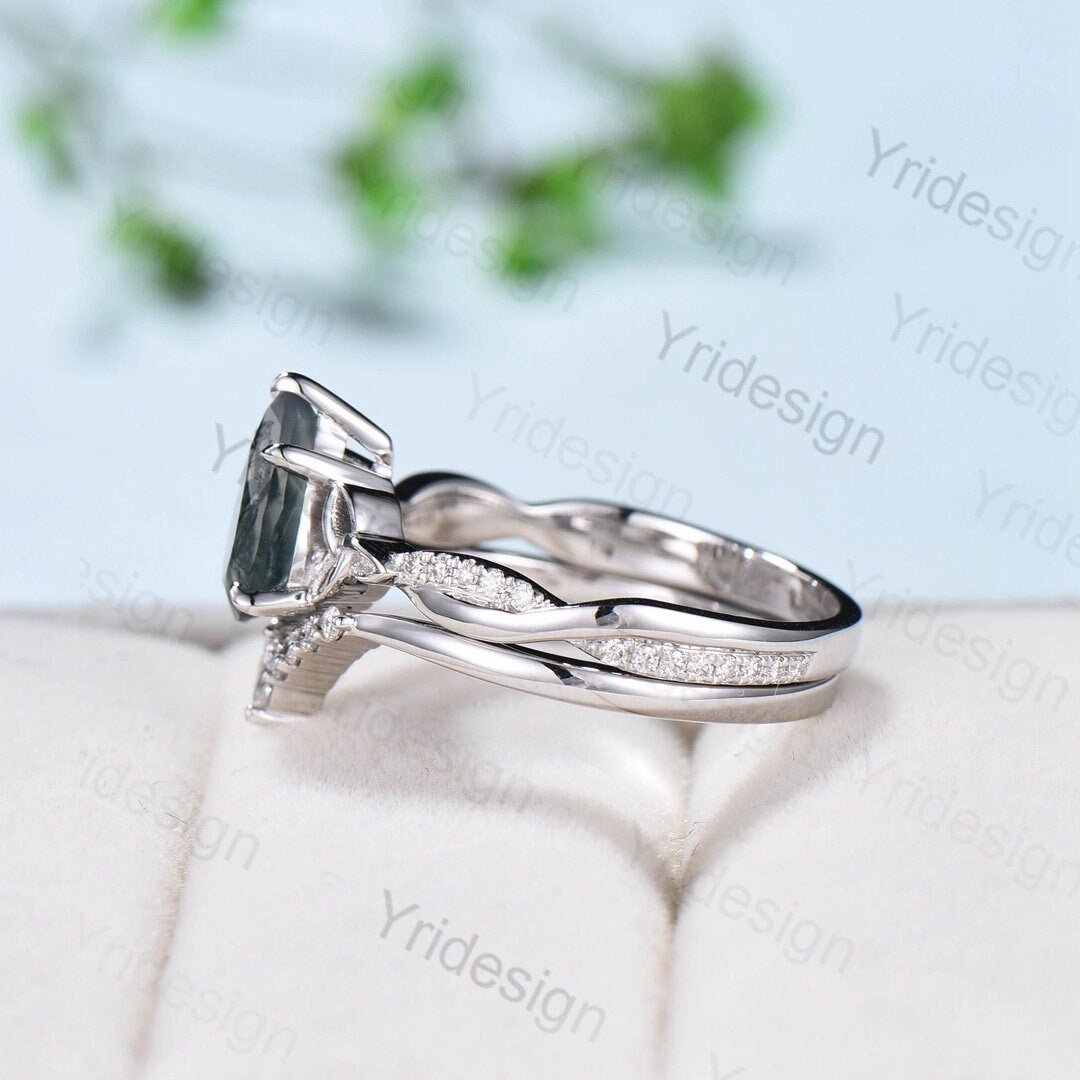 Norse Viking 6x9mm pear shaped moss agate engagement ring set 3/4 eternity twisted infinity moissanite & diamond band wedding set for women - PENFINE