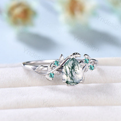 Natural Inspired Leaf Moss Agate Ring Vintage Unique pear shaped Gold Engagement Ring Cluster Emerald Wedding Ring Women Green Gemstone Ring - PENFINE