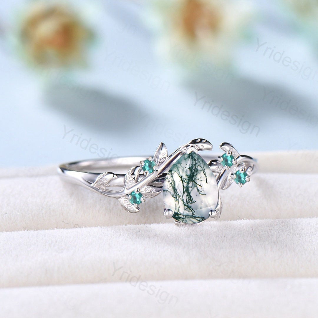 Vintage Pear Natural Moss Agate Engagement Ring White Gold 