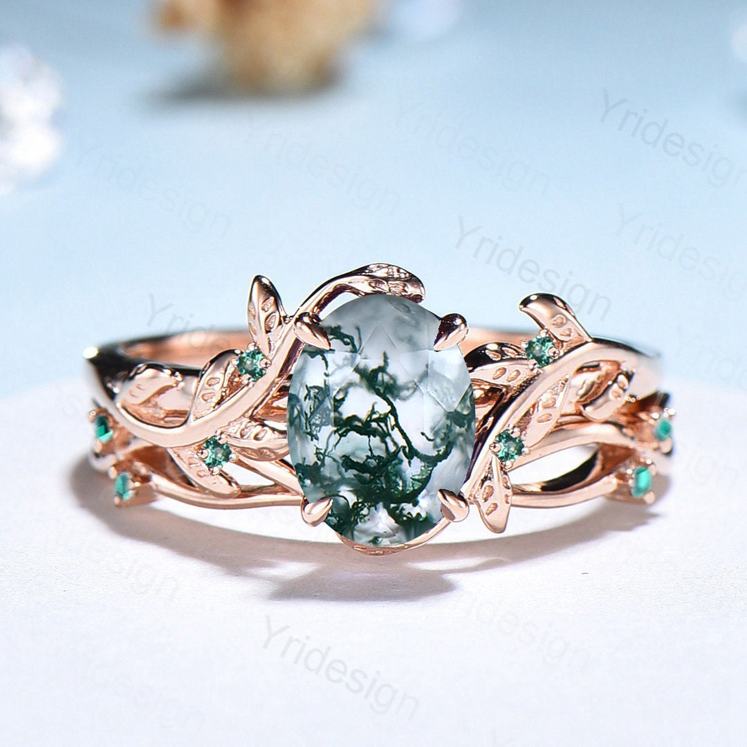 Natural Inspired Leaf moss agate ring set cluster emerald aquatic agate engagement ring women unique green stone wedding ring set for her - PENFINE