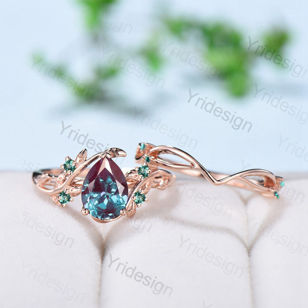 Natural Inspired alexandrite engagement ring Teardrop Leaf vine color-change wedding set rose gold vintage unique promise ring for women - PENFINE