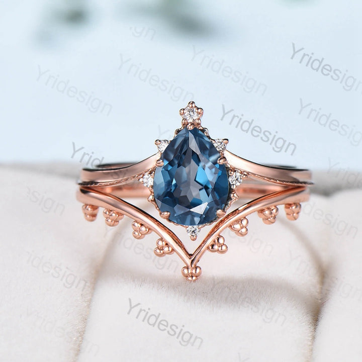 Vintage London blue topaz engagement ring set Teardrop Leaf rose gold wedding set unique flower plain gold stacking band Art deco bridal set - PENFINE