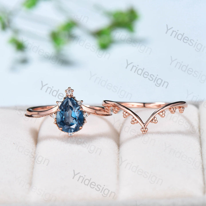 Vintage London blue topaz engagement ring set Teardrop Leaf rose gold wedding set unique flower plain gold stacking band Art deco bridal set - PENFINE