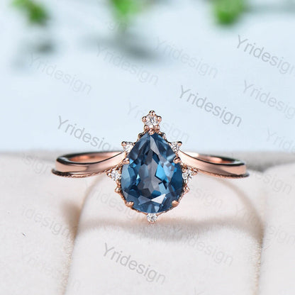 Vintage London blue topaz engagement ring set Teardrop Leaf rose gold wedding set unique flower plain gold stacking band Art deco bridal set - PENFINE