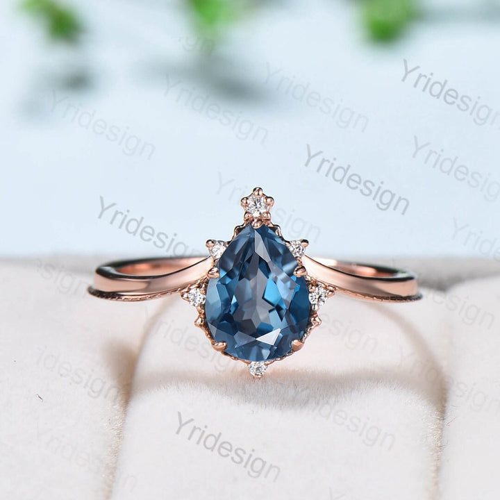 Vintage London blue topaz engagement ring set Teardrop Leaf rose gold wedding set unique flower plain gold stacking band Art deco bridal set - PENFINE