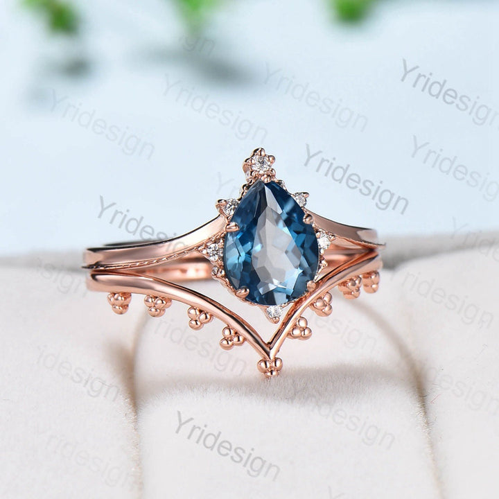 Vintage London blue topaz engagement ring set Teardrop Leaf rose gold wedding set unique flower plain gold stacking band Art deco bridal set - PENFINE