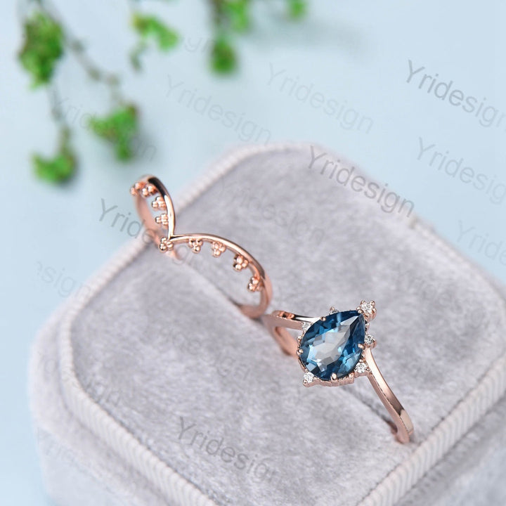 Vintage London blue topaz engagement ring set Teardrop Leaf rose gold wedding set unique flower plain gold stacking band Art deco bridal set - PENFINE