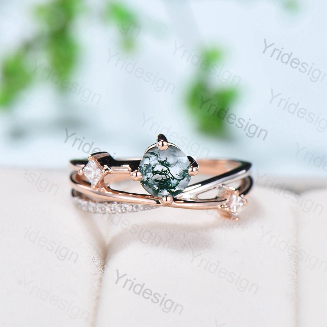 14K solid two tone gold moss agate ring 5mm dainty aquatic agate engagement ring Twisted wedding ring women Unique crystal bridal ring gift - PENFINE